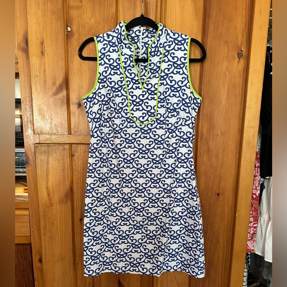Vince Camuto sundress, blue and white pattern with lime green piping